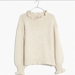 MADEWELL Sz S Cream Ruffle-Neck Pullover Sweater Cotton/Merino Wool Girly